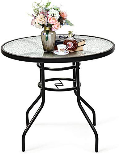 DREAMADE Metall Gartentisch mit Glasplatte, Glastisch, Balkontisch mit Schirmloch, Glastisch, bis 80 kg belastbar, Ø 80 x H71 cm, für Garten, Rasen, Balkon Schwarz