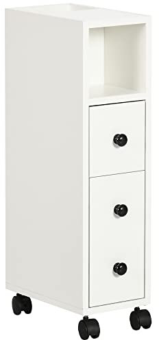 kleankin Armario de Baño con 4 Ruedas Mueble Auxiliar para Baño con Estante Abierto Puerta y Cajón para Espacio Reducido 18x30x68,5 cm Blanco