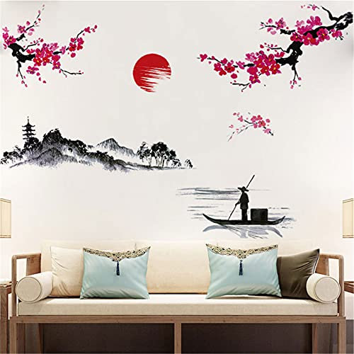 2 hojas de pintura de paisaje de tinta china, adhesivo de pared de ciruelo rojo, pegatinas de pared removibles para despegar y pegar montaña río pescador mural para dormitorio, sala de estar, TV