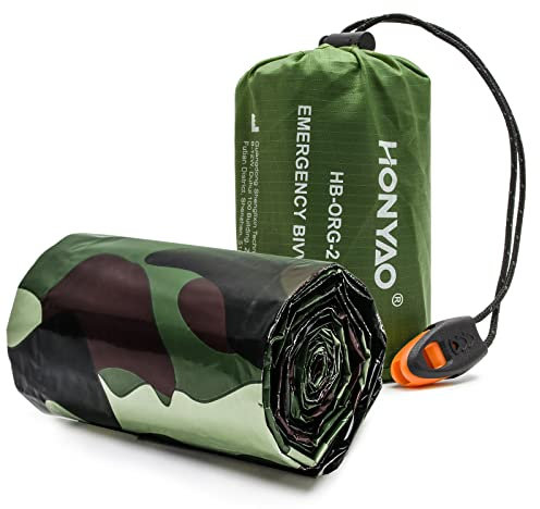 HONYAO Saco de Dormir Emergencia, Mantas Termica de Aluminio, Sacos de Vivac Supervivencia, Supervivencia Bivy para Vivac, Cámping, Excursionismo, Trekking - 1 Pieza (Camuflaje con Silbar#1)