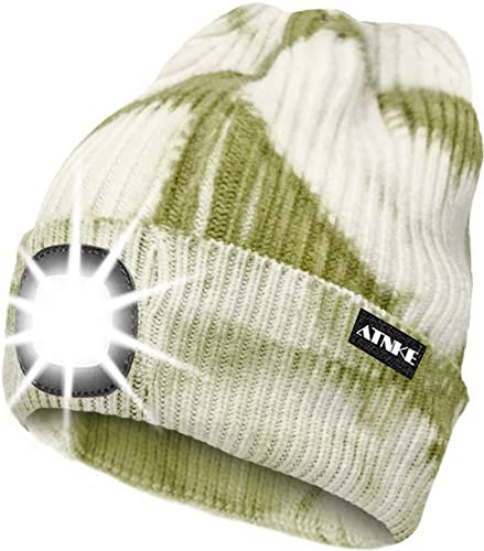 ATNKE LED Beleuchtete Mütze,Wiederaufladbare USB Laufmütze mit Licht Extrem Heller 4 LED Lampe Winter Warme Stirnlampe für Herren und Damen Geschenke/Tie Dye Green