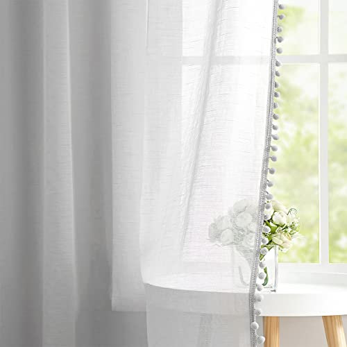 Treatmentex Boho Gardinen mit Pompons Gardinen Ösen 140 cm Breite Transparent Gardinen mit Quasten Kurz Gardinen Voile Ösenschal Dekoschal für Wohnzimmer Schlafzimmer,2 Stücke(140 x 180 cm,Grau)