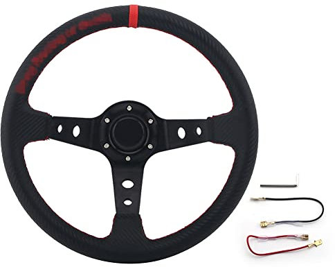 345 mm/13 Zoll Auto Rennlenkrad,MoreChioce PU Leder Rennlenkrad Universal Deep Dish 6-Schrauben Sportlenkrad Rutschfestes Lenkrad mit Aluminiumspeichen Kabel Schraubenschlüssel