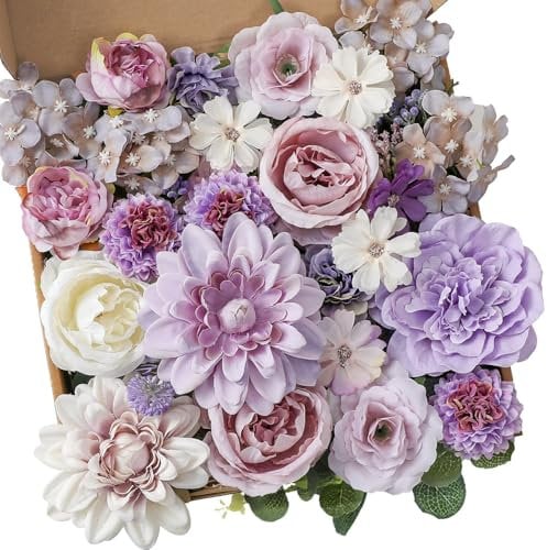 Garisey Künstliche Blumen Kombi-Box Set für DIY Hochzeit Blumenstrauß Arrangements Brautdusche Party Home Dekorationen (Weiß Lila Pfingstrose)