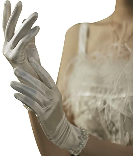 iSpchen Damen Satin Handschuhe Klassische Vintage Hochzeitshandschuhe Opernhandschuhe Kurz Brauthandschuh Elegante Abendhandschuhe Kostüm Braut Party Handschuhe