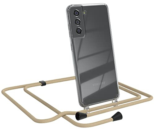 EAZY CASE Handykette kompatibel mit Samsung Galaxy S21 FE 5G Handyhülle mit Umhängeband, Handykordel mit Schutzhülle, Silikonhülle, Hülle, Stylische Kette für Smartphone, Taupe - Clips Schwarz