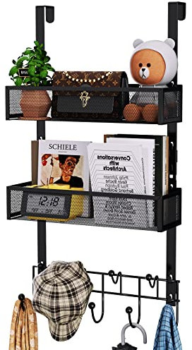 HapiRm Over Door Hanger with 9 Coat Hooks and 2 Baskets, Stainless Steel Rustproof & Waterproof Over Door Hook, Over Door Coat Hooks for Bathroom, Kitchen, Bedroom-Black (for 1.76in Doors)