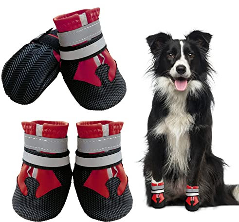 NeuWee Hundeschuhe Pfotenschutz, 4er-Set Wasserdicht Hundeschuhe mit Reflektierenden Riemen, Hundeschnee Stiefel Regenschuhe für Kleine, Mittelgroße und Große Hunde (XXL, Rot)