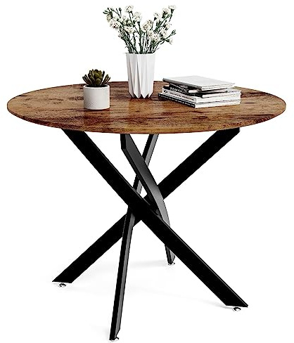 GOLDFAN Round Wooden Dining Table 100cm Retro Kitchen Table for Dining Room, Industrial Style Rustic Brown and Black (Table Only)
