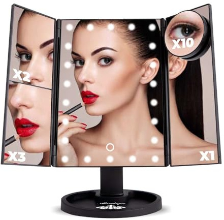 Alambique Make-up-Spiegel mit LED-Touchscreen, Vergrößerung, 1 x 2 x 3 x 10, Schminktisch mit 3 Falten und 24 LEDs, batteriebetrieben oder USB, Make-up für Damen, Transportgröße, Schwarz