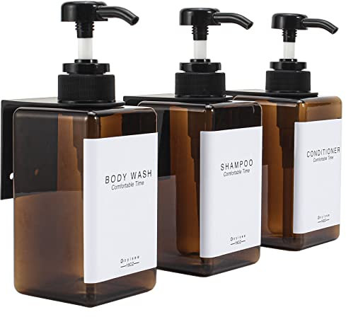 GOYISEE Shampoo und Conditioner Spender für Duschwand 3-Kammer-mit Bohrer Freie quadratische Dusche Seifenspender Wandhalterung mit Wasserdichten Etiketten (3B3W-Amber)