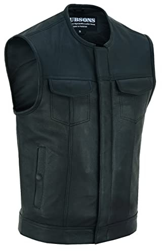 RUBSONS Men's Collarless Genuine Leather Motorcycle Vest, Club Style Sleeveless Biker Jacket with Snap Closure, Two Concealed Pockets & Single Back Panel for Patches