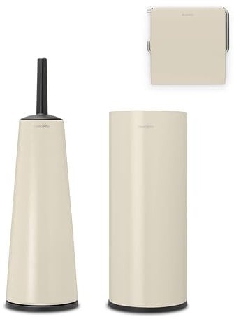 Brabantia - ReNew Toilet Accessory Set - Toilet Brush & Holder, Roll Holder & Roll Dispenser - Hygienic Brush - Corrosion Resistant - Fixing Materials Included - Bathroom Set of 3 - Soft Beige