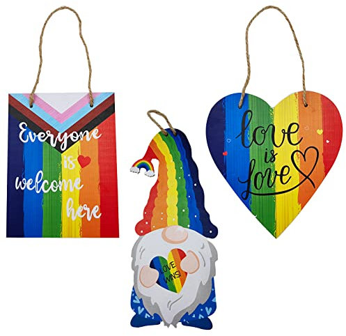 Rainbow Pride Decorations, Wood Hanging Signs, Love Wins/Every One Is Welcome Here/Gnome Hanging Decorations for Office Outdoor Double Sided Printing| Perfect for Rainbow Pride Party - SET of 3