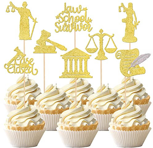 24 Stück Cupcake-Topper für Anwälte 2023 Abschluss-Thema Glitzer Law School Survivor Cupcake Picks Klasse 2023 Congrats Kuchendekorationen für 2023 Abschlussfeier Thema Party Supplies Gold