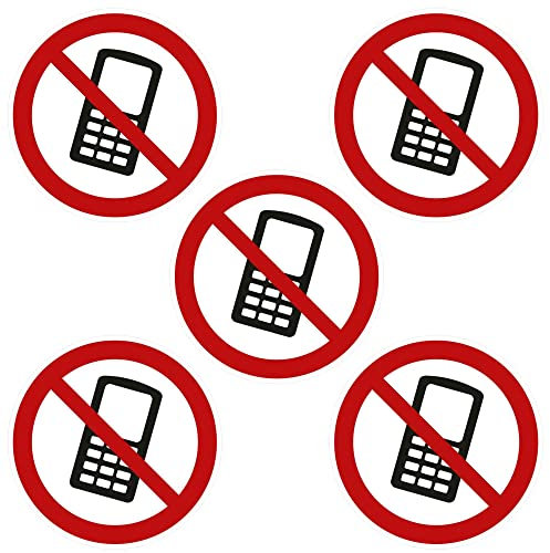 Kleberio® Selbstklebende Aufkleber - Handy verboten - 10 cm 5 Stück Piktogramm wetterfest Schutz vor Lärm Klingeln laute Gespräche Funkwellen Strahlen auf dem Gelände oder in Räumen