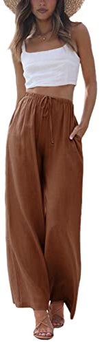 Faleave Women's Cotton Linen Summer Palazzo Pants Flowy Wide Leg Beach Trousers with Pockets(Rust-L)