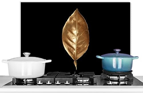 KitchenYeah© Pannelli Paraschizzi x Cucina Lastra in Alluminio 60x40 cm Alzatina Paraspruzzi Pannello per Cucine Foglie - Chic - Oro - Piante - Nero