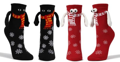 Dihope 2 Paar Lustige Magnetische Weihnachten Socken,3D-P-Uppen-Paar-Weihnachtssocken,Unisex Hand in Hand Socken mit Magnetarmen,Funny Freundschaftssocken für Damen und Herren