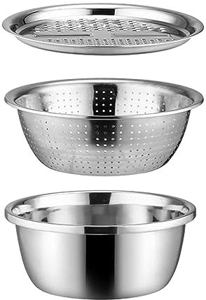 perfk 3X Rebanador de Verduras, Ensaladera, Rallador Multifuncional, Recipiente de Acero Inoxidable con Rallador Cortador de Verduras para Patatas, 26CM