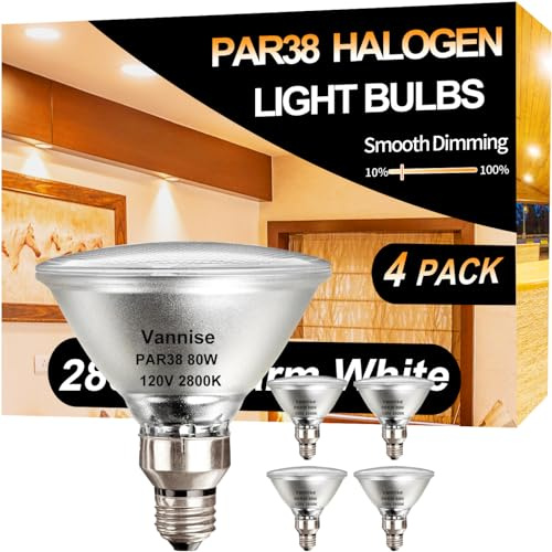 Vannise PAR38 Halogen Flood Light 80W 120V, High Output 1500LM PAR 38 Flood Light Bulbs Warm White 2800K, 80W PAR38 Dimmable with E26 Base, Long Lasting Halogen PAR 38 Outdoor Flood Light Bulbs