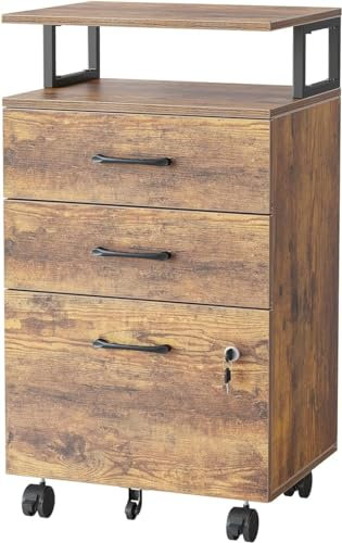 FEZIBO Aktenschrank mit Schloss für Home Office, 3-Schubladen Rolling Filing Cabinet, Home Office Aktenschrank für A4/Letter/Legal Größe, Druckerständer, Holzlagerschrank, Rustikales Braun