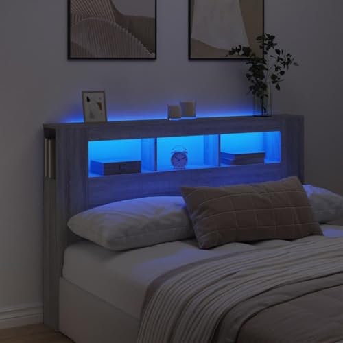 vidaXL Tête de Lit à LED, Tête de Cadre de Lit, Accessoire de Lit Double, Meuble de Chambre à Coucher Maison Intérieur, Sonoma Gris 160x18,5x103,5 cm Bois Ingénierie