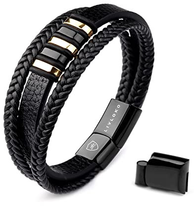 LIVLOKO Mens Bracelet Leather Black Multi-Layer Tiger-Eye Beaded Bracelet for Men Magnetic Clasp Rope Wristband Mens Gift for Boyfriend