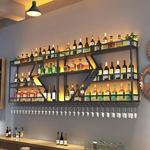 Grande Portabottiglie Da Parete Da Bar Con Luci A LED,Porta Bottiglie Di Vino Con Portabicchieri,Scaffale Di Stoccaggio Per Vino A Parete,Porta Calici,Mensole A Muro In Metallo Per Cucina Barra (Colo
