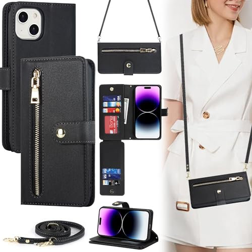 ELTEKER Handyhülle für iPhone 15 Hülle mit Band, Klapphülle mit Kartenfach Schutzhülle Handytasche Leder Hülle für iPhone 15 - Schwarz