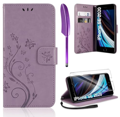 AROYI Lederhülle Kompatibel mit iPhone SE 2022/2020/7/8 Hülle und Schutzfolie,Handyhülle Flip PU Leder Wallet Tasche Case Schutzhülle Kompatibel mit iPhone SE 2022/2020/7/8 Lila