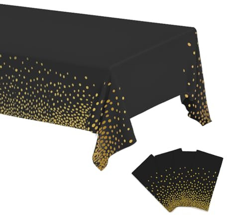 YANGTE 4 Pack Black and Gold Table Cloth Party, 137 × 274 cm Disposable Tablecloths for Parties, Party Black Tablecloth Rectangular, Plastic Table Cover for Party Birthday Weddings