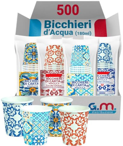 GM 500 Bicchieri d' Acqua in Carta con Grafiche Maioliche, 180 ml, Biodegradabili e Biocompostabili, Usa e Getta, 4 Colorazioni, Ideale per Casa, Ufficio, Asporto Bevande Calde e Fredde