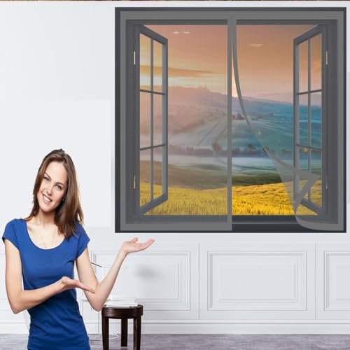 Kit Zanzariera per Finestra Grande 108 x 90 cm Resistente Alle Intemperie Rete Facile Montaggio Zanzariera Magnetica Porte Zanzariera Porta Finestra, Grigio