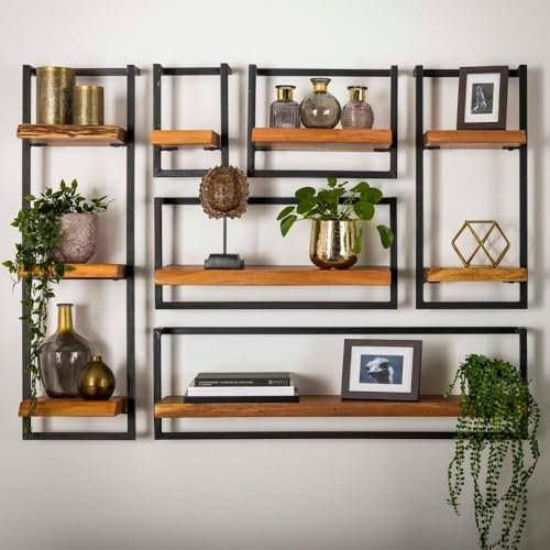 RINGO-Living Wandregal mit Ablage 6er Set - Vintage Massivholz Regale für Bilder, Pflanzen & Deko - Organizer für Dein Schlafzimmer, Wohnzimmer & Kinderzimmer - Schweberegal Set für Deine Wohnwand