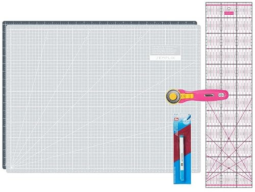 Semplix Schneidematten Set A2 Rollschneider Lineal Prym (grau/pink) | A2 Schneidematte 60x45 cm selbstheilend mit Rollschneider Ø45 mm, Lineal 60x15 cm & Prym Aqua-Trickmarker.