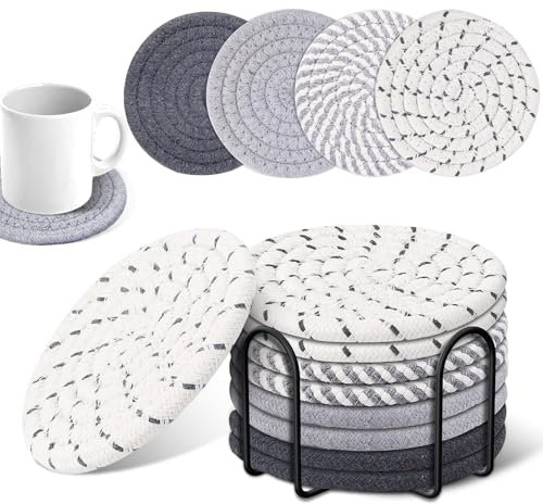 LURNODY 8 Pièces sous-Verres Ronds Tissés 4,3 Pouces Tasses Isolantes sous-Verres à Café avec Support de Rangement, pour La Décoration de Table de La Maison, Cadeaux de Fête (Couleur Grise)