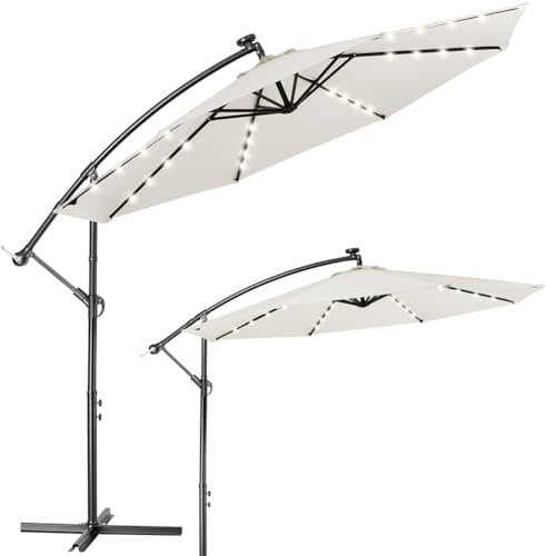 BAKAJI Ombrellone da Giardino Terrazzo con Luce e Pannello Solare Dimensioni 3x3 Mt Richiudibile Palo Laterale Struttura Acciaio Altezza 250 cm Antivento, Base a croce Tessuto Anti UV (Beige 32 LED)