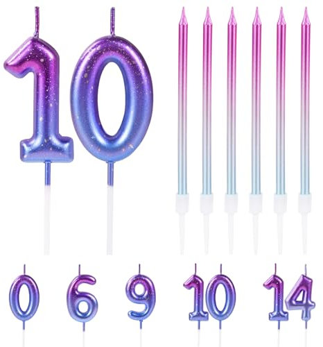 URAQT Geburtstagskerzen Zahlen, Geburtstag Zahl Kerzen, Lange violetter Farbverlauf Geburtstagskerzen, Tortendeko kerze Kuchendeko geburtstagskerze 10