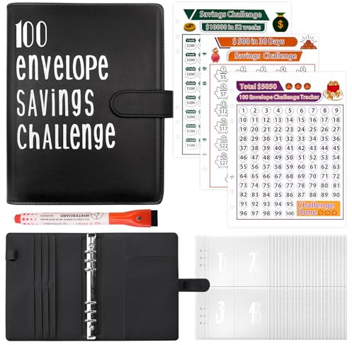 Fettwal 100 Envelope Saving Challenge, Sparbuch für Geld Challenge, A5 Geld Sparen Challengers Geldsparmappe, mit 3 Speicherkarten & Aquarellstift, Sparbuch für Haushaltsgeld Sparchallenge (Schwarz)