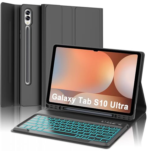 WAVATA Tastiera per Samsung Galaxy Tab S10 Ultra/S9 Ultra/S8 Ultra 14.6, Custodia Tastiera per S10 Ultra/S9 Ultra Tastiera Magnetica Staccabile Cover con Slot a Penna, Retroilluminazione, Nero