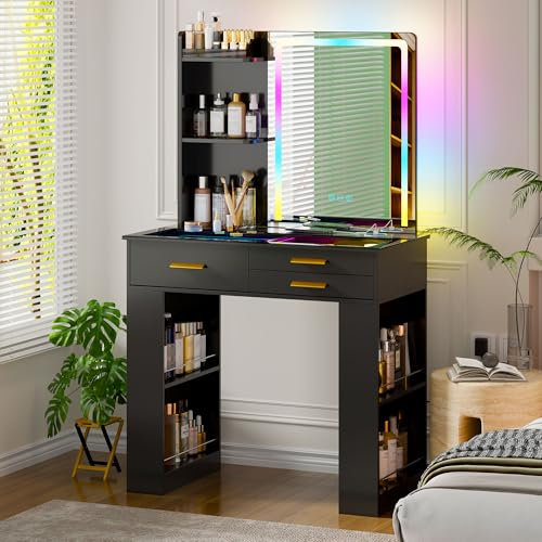 Lvifur RGB Schminktisch mit Spiegel,Kosmetiktisch mit LED-Beleuchtung & Schubladen,Frisiertisch mit USB-Aufladung & kabellose Ladestation