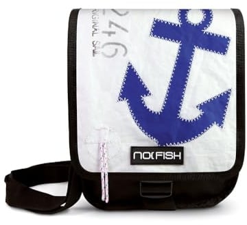 NO FISH Umhängetasche Sail Größe S - Anker blau mit Überschlag aus original gebrauchtem Segeltuch (Upcycling)