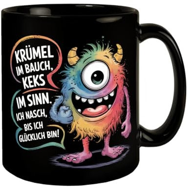 Monster Krümel Tasse - Keks im Sinn Schwarzer Kaffeebecher im Aquarell-Design zaubert mit seinem Krümel Monster Lächeln ein Lächeln auf jeden Bauch