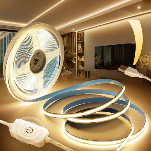 BRIMETI USB 5V COB LED Streifen Dimmbar 5M Selbstklebend 1600LEDs Warmweiss 3000K, TV Beleuchtung LED Strip Lights CRI90+ Flexibel Lichtband, für Schlafzimmer, Spiegel Dekoration Küche