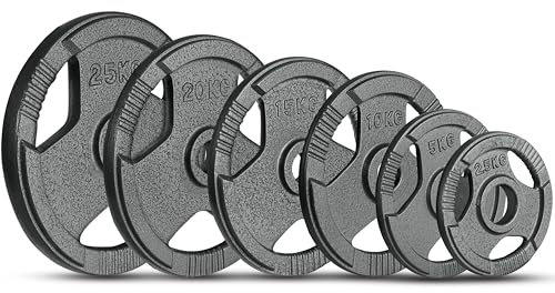 FK Sports Cast Iron Olympic Weight Plates - Cast Iron Weight Plates 2” opening, 5kg, 10kg, 15kg, 20kg, 25kg Tri Grip Barbell Weights, Gym Equipment for Home, Sold in Pair (5 Kilograms)