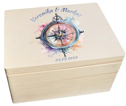 CHICCIE Erinnerungsbox personalisiert zur Hochzeit mit Druck farbig Kompass Regenbogen Aquarell 40x30x23cm - Hochzeitstag Holzkiste Erinnerungen