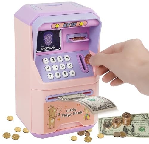 Elektronische Spardose Kinder, Sparschwein Kinder Tresor, ATM Spardose mit Passwort Geldsparbox mit Automatischem Geldscheineinzug für Jungen Mädchen, Rosa