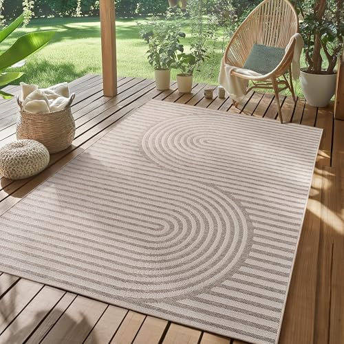 SIMPEX Outdoor Teppich Wetterfest Beige 120x170 cm, UV-beständig, ideal für Küche, Balkon, Terrasse, Garten Wohnzimmer Esszimmer, Skandinavisches Boho-Design, Pfelgeleicht
