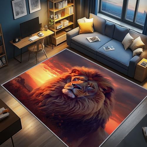 AevuCub Löwe Deko, Afrikanische Tierwelt Teppich 120x160 Kurzflor, Teppich Wohnzimmer Wilde Tiere, Weich rutschfest Waschbare Teppiche, Bettvorleger Schlafzimmer Kinderzimmer